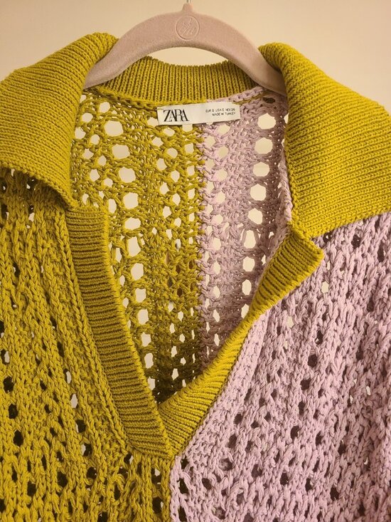 Zara Womens Top Crochet Polo Short Sleeve Sweater Size SM Oversized - Picture 3 of 10